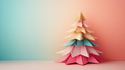Colorful Paper Origami Christmas Tree on Pastel Gradient Background