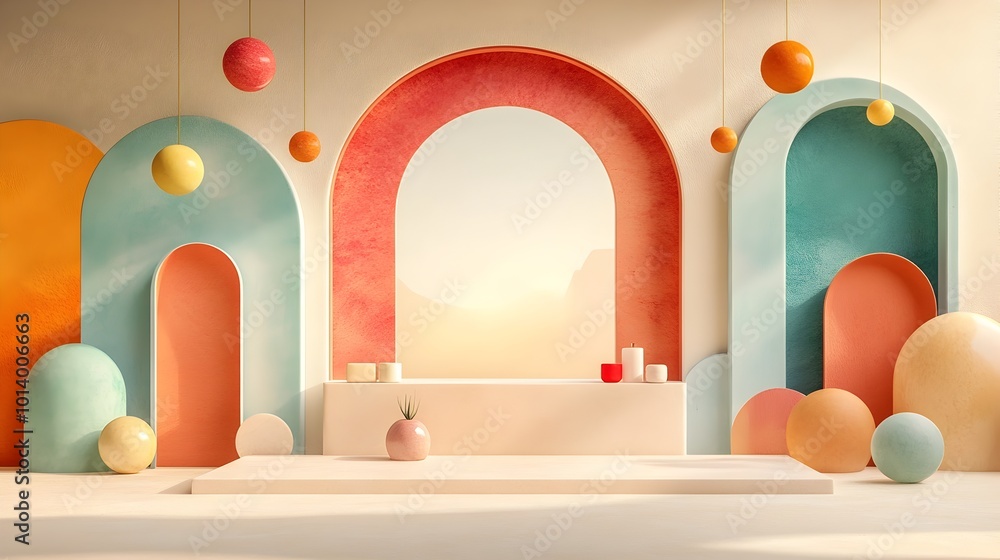 Poster Minimalist 3D studio room with abstract geometric shapes patterns and warm lighting from the window  Empty floor and wall with a product podium and a shadow overlay from the window to the countertop