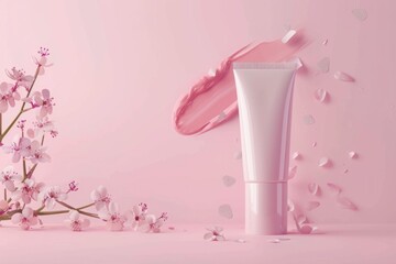 Cosmetic tube with a pink smear of cream and delicate cherry blossoms scattered around on a pastel pink background. Studio product photography with floral and feminine theme. Mockup.  Generative AI