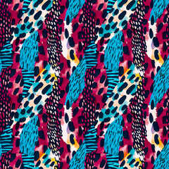 Fun girly camouflage pattern in vibrant stripes and spotted seamless design . Modern skin texture patched effect for festival and beach wear style in repeat .