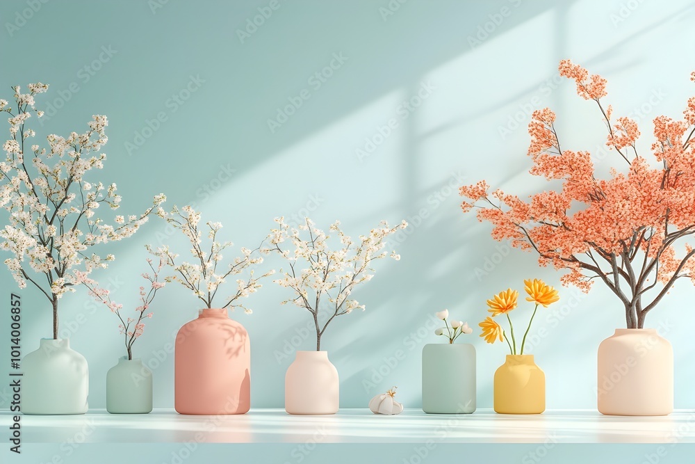 Poster minimalist 3d product scene featuring a centralized display element with pastel background hues soft