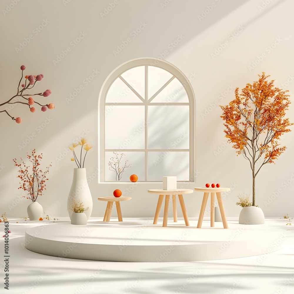 Poster minimalist 3d product studio scene with an empty white room simple podium display natural window lig