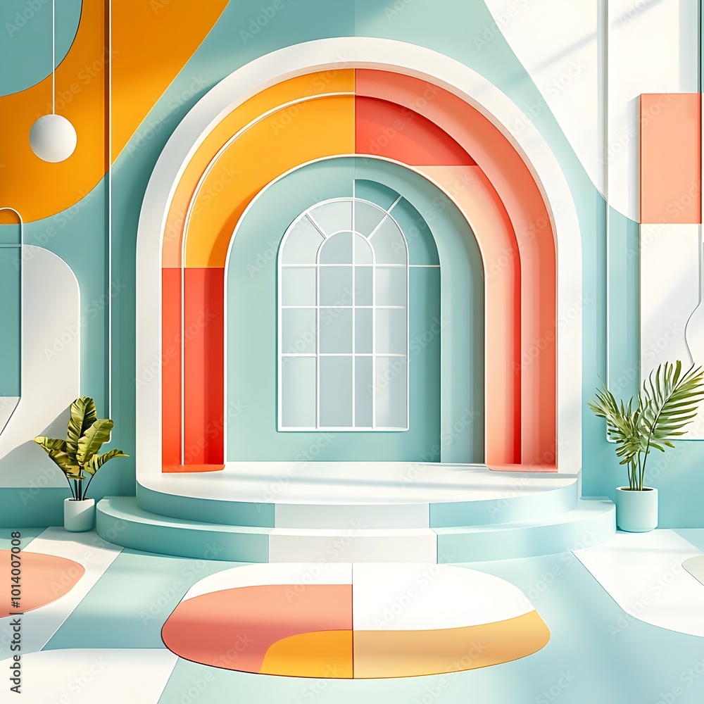 Poster minimalist 3d studio environment featuring a patterned geometric wall and floor an empty product pod