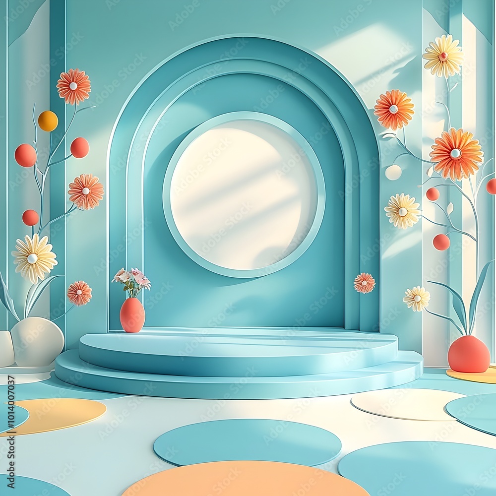 Poster minimalist 3d studio environment with patterned geometric wall and floor empty product podium and di