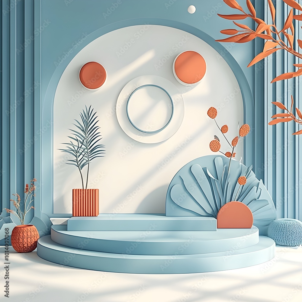 Poster minimalist 3d studio environment featuring a patterned geometric wall and floor an empty product pod