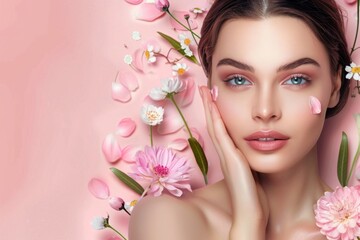 Portrait of a woman with flawless skin surrounded by pink flowers and petals on a pastel pink background. Mockup.  Generative AI