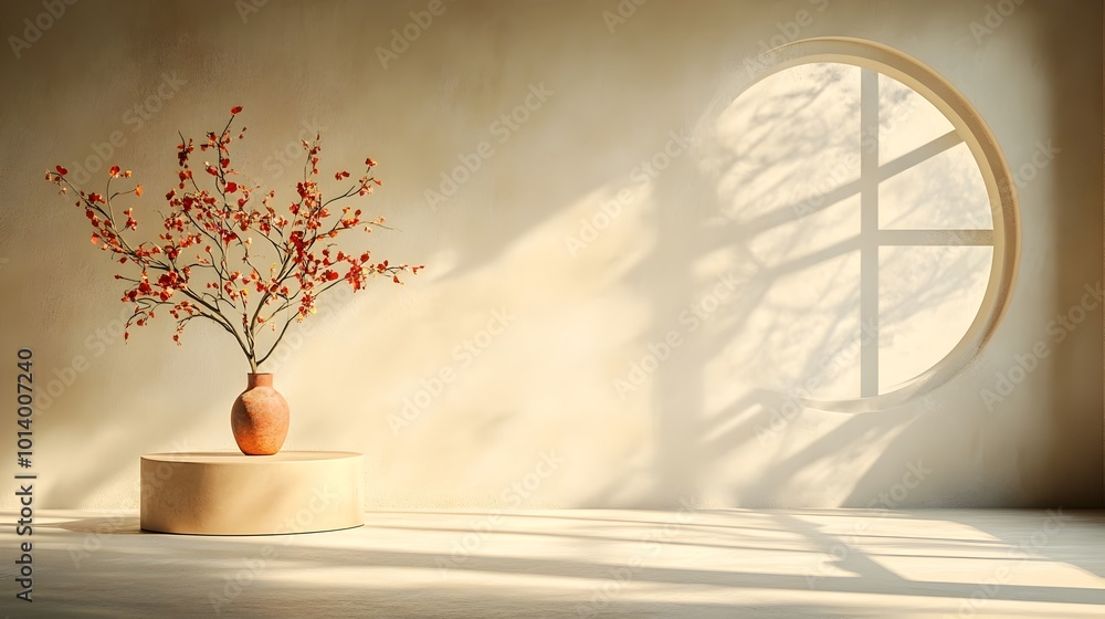 Poster minimalist 3d studio room with a beige neutral backdrop an empty floor and wall a product display po