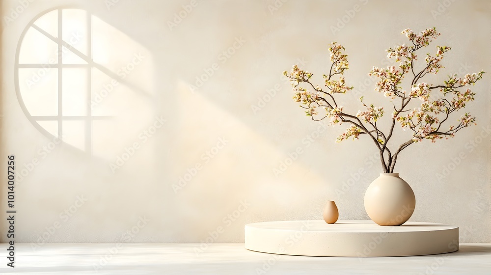 Aufkleber Minimalist 3D studio room setting with beige neutral backdrop  empty floor and wall  product display podium  window shadow overlay across countertop  and soft  diffused lighting creating a serene