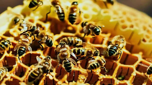 Witness bees diligently swarming honeycombs extreme macro footage capturing collective effort inwooden beehive while gathering nectar produce sweet honey bee insect wax honeycomb hive beeswax food