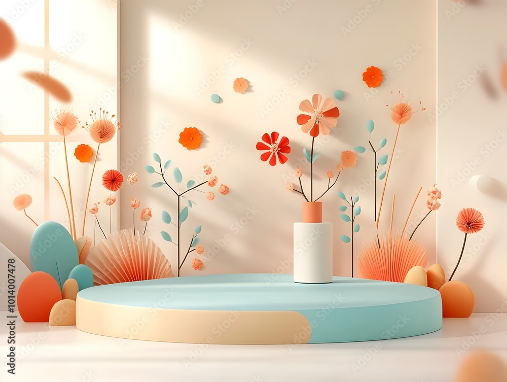 Poster minimalist and modern 3d studio room setting with blurred floral background empty floor and wall and