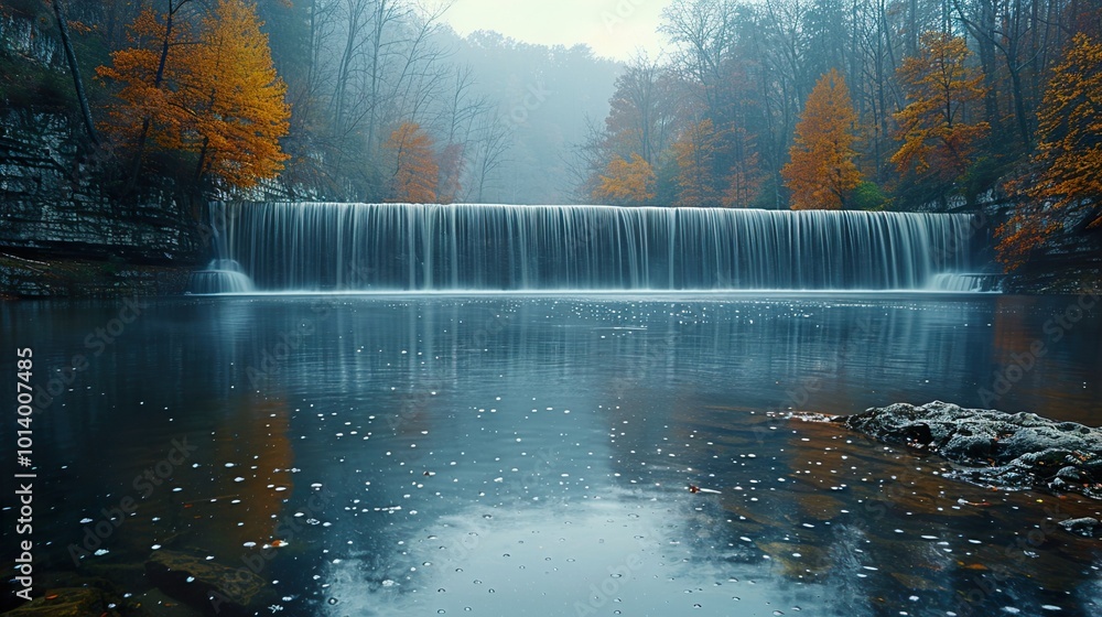 Poster Serene Waterfall in Autumn Forest - Nature Photography