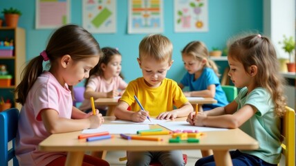 Four children are sitting at a table and drawing with crayons