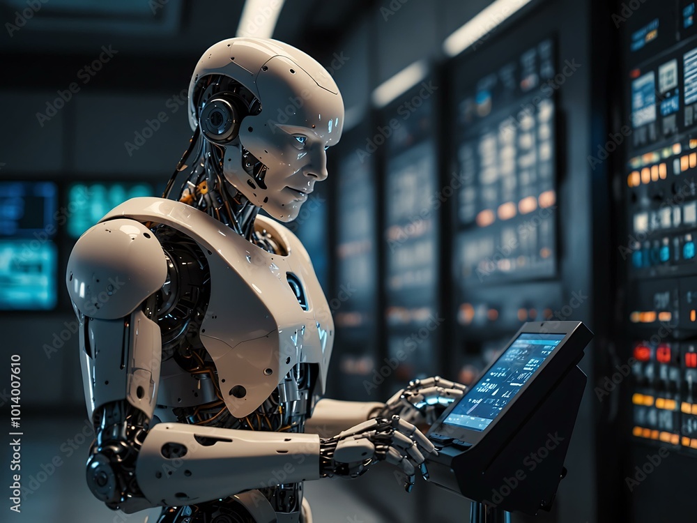 Poster a humanoid robot uses a digital tablet in a bright power control center, showcasing automation and e