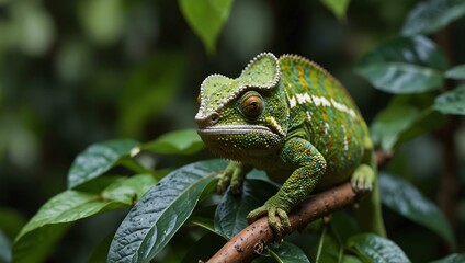 A Jackson chameleon camouflages among lush green leaves and coffee berries.