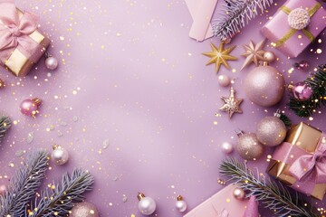 Festive Christmas background with gift boxes, ornaments, baubles, and glitter in pink and gold...