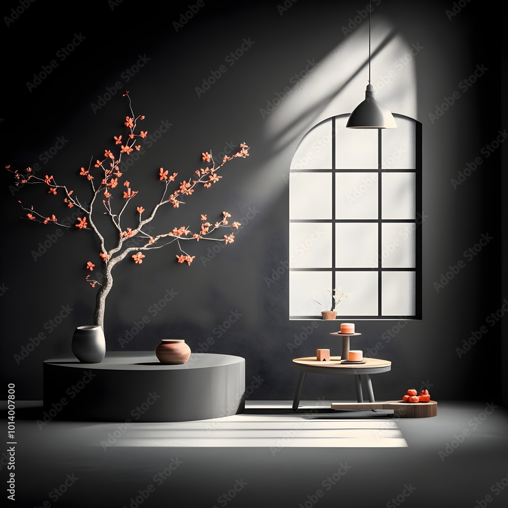 Poster minimalist and contemporary 3d studio setting with empty black backdrop product showcase podium and 