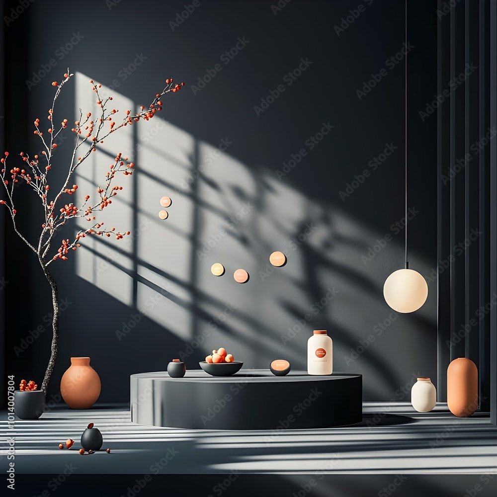 Poster minimalist 3d studio setting featuring a black backdrop empty floor and walls a product showcase pod