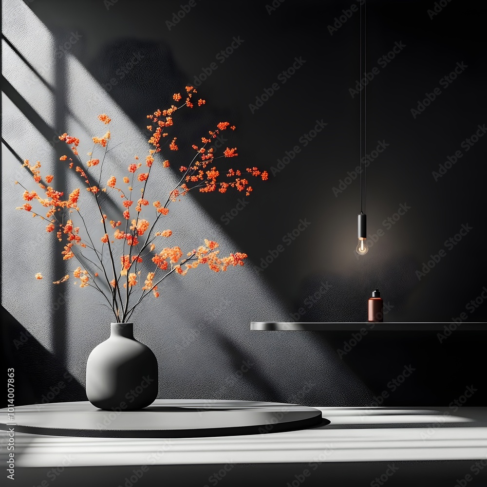 Poster minimalist 3d studio setting with black backdrop empty floor and walls product showcase podium and w
