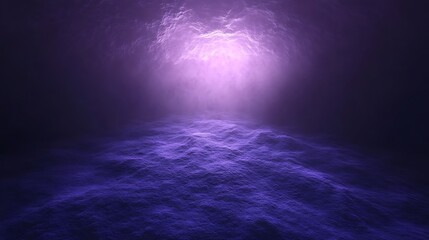 A mystical purple light shines through a foggy cave opening.