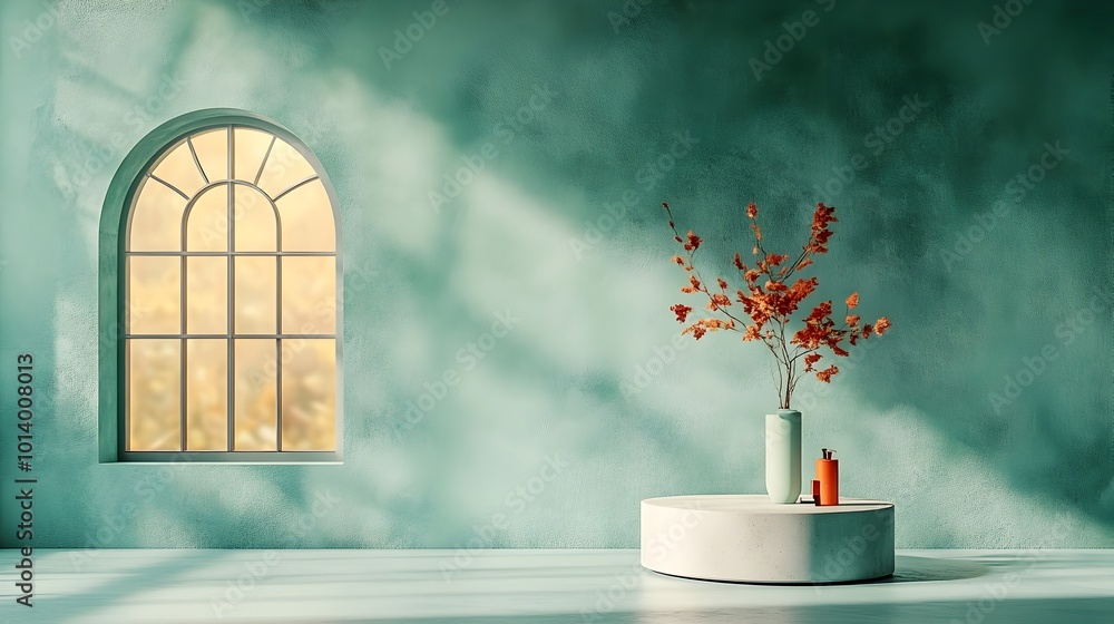 Poster minimalist 3d studio setting featuring a plain green matte backdrop empty concrete floor and wall a 