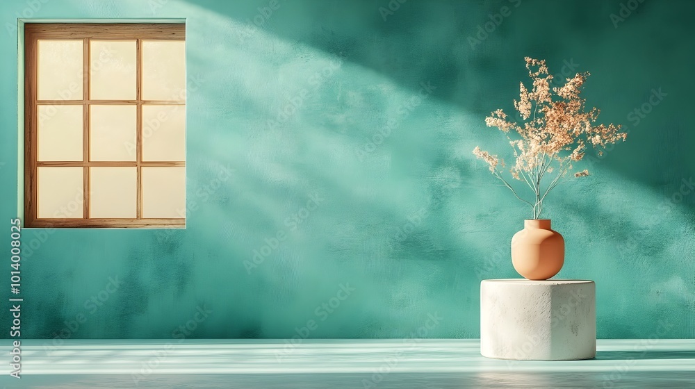 Poster minimalist 3d studio setting with a plain green matte backdrop empty concrete floor and wall and a c