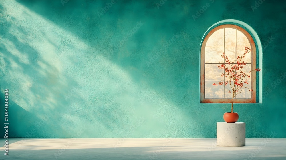 Poster minimalist 3d studio setting featuring a plain green matte backdrop an empty concrete floor and wall