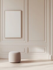 an empty white wall with white  frame mockup  featuring light wood paneling and cream-colored walls, accompanied by a small grey stool