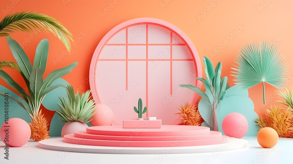 Poster minimalist 3d studio setup featuring a pastel color background clean white floor and walls and a cen
