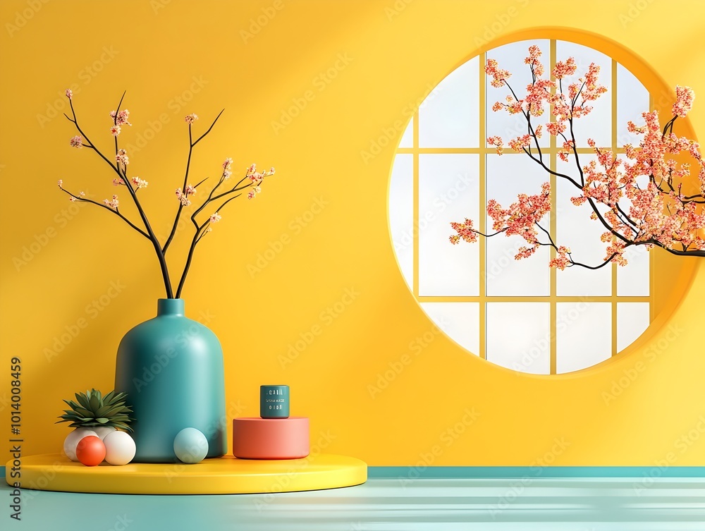 Aufkleber minimalist 3d studio setting with solid yellow backdrop empty floor and wall product podium soft win