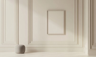 an empty white wall with white  frame mockup  featuring light wood paneling and cream-colored walls, accompanied by a small grey stool