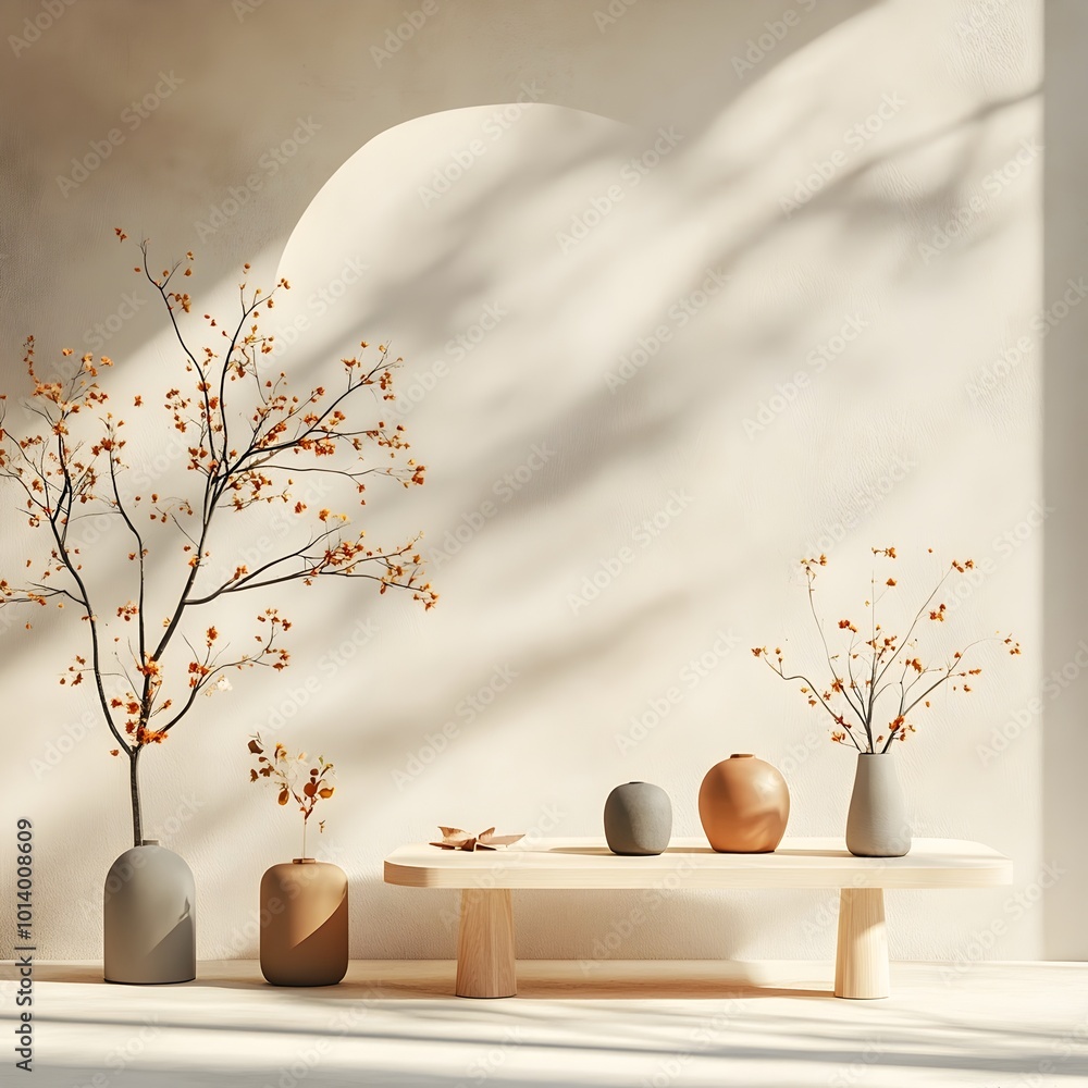 Aufkleber minimalist 3d studio space with an empty room product podium in the foreground under warm golden win