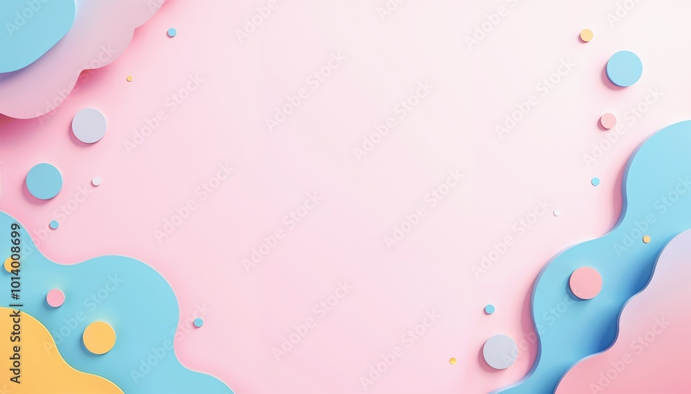 Poster colorful abstract layered shapes and circles in pastel colors on a light background with copy space