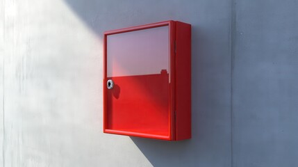 Render a 3D red emergency box affixed to a wall, showcasing a glass front designed to be broken in case of an emergency, with a realistic and detailed appearance. 