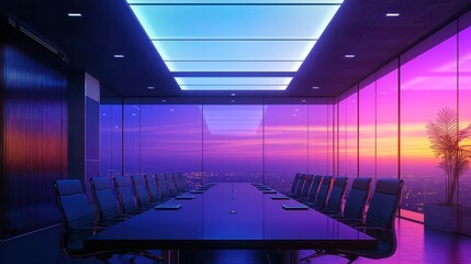 A sleek, high-tech meeting room with ceiling-integrated lighting that can adjust in color and intensity according to the time of day