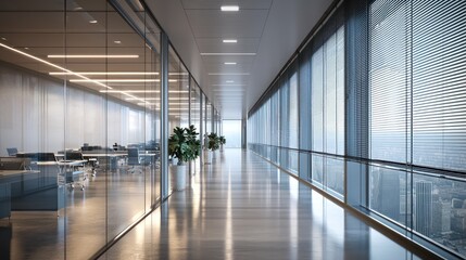 A sleek, modern office space with floor-to-ceiling windows complemented by automated blinds and ambient ceiling lights that adjust based on daylight levels