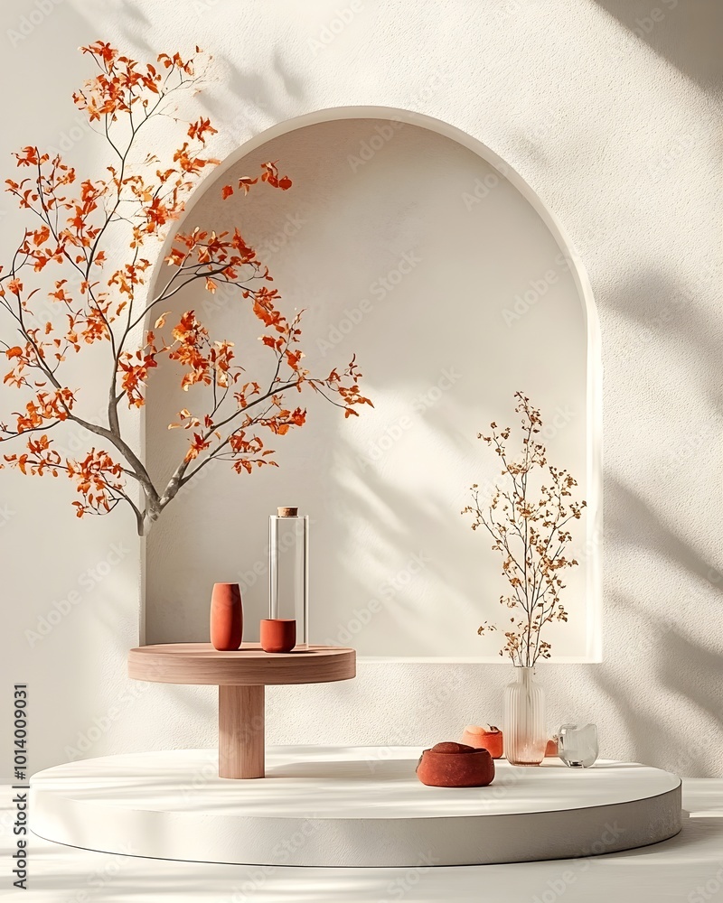 Poster elevated showcase pedestal with delicate sidelight illumination in a crisp minimalist digital studio