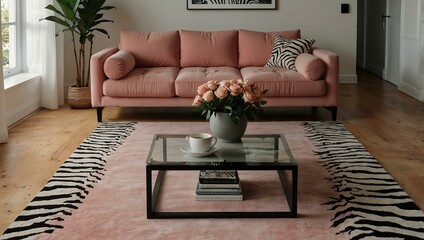 A minimalist living room with a pink sofa, coffee table, and zebra-print rug.