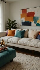 A minimalist living room with a white sofa and colorful pillows.