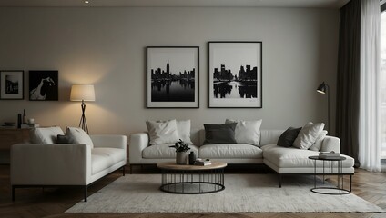 A minimalist living room with a white sofa and two empty frames.
