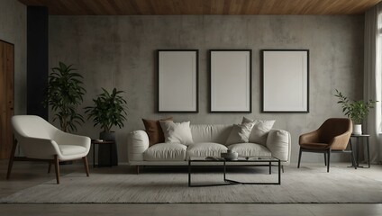 A minimalist living room with a white sofa and two empty frames.