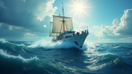 A sailboat cutting through choppy waters under a bright sunny sky