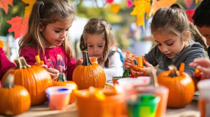 Fototapeta premium Children decorating pumpkins at a fall festival booth, with paints, and fall-themed decorations scattered around,