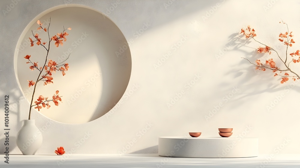 Poster Minimalist 3D studio room with a gray background empty floor and wall a product podium shadow overlay from the window to the countertop and a mockup with diffused sunlight