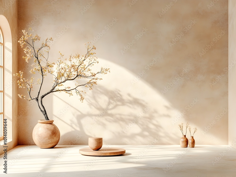 Poster serene and minimalist 3d studio room setting with textured brown background empty floor and wall cen