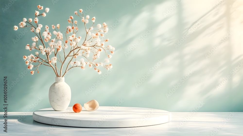 Poster elegant marble like studio room interior with empty product podium or platform soft shadows from nat