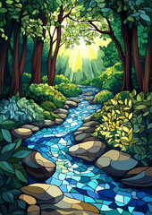 Obraz premium Serene Forest Scene with Winding Stream and Lush Greenery