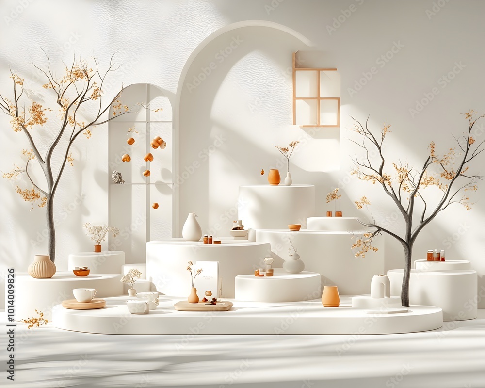 Poster Minimalist 3D studio setting with pristine white walls and floor featuring a central product display on a raised platform  A subtle window shadow falls across the surface