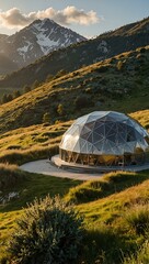 A modern geodesic dome home in a stunning alpine landscape on a sunny day.