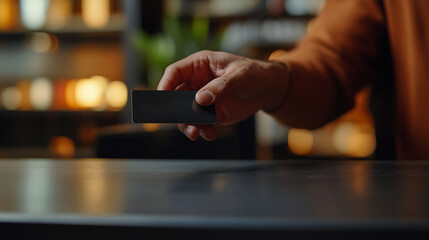 Mockup, Close-up of hand presenting a sleek black payment card in an ambient setting