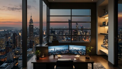 A modern home office with multiple monitors and a view of the city.